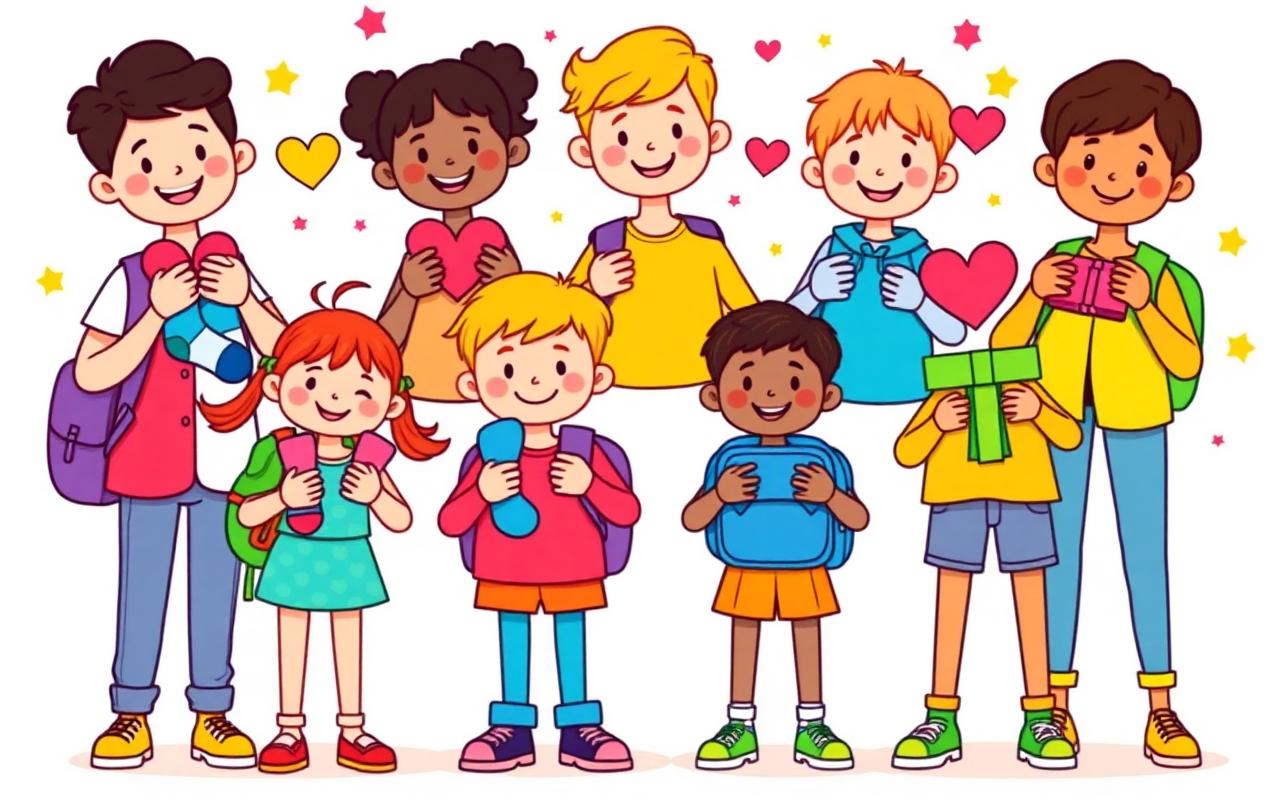 Cartoon children holding socks, backpacks, hearts and gifts to share kindness